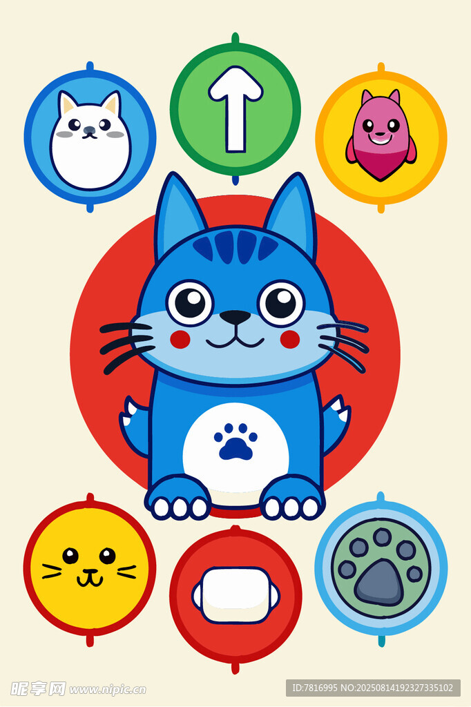 可爱蓝猫与多彩卡通图标
