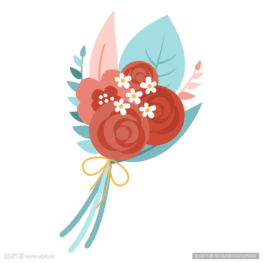 手绘红色花朵绿叶花束