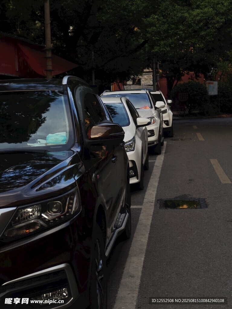 路边整齐停放的一排汽车