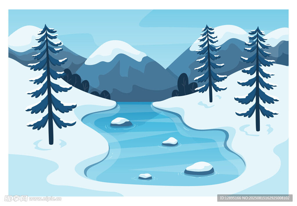 冬日雪景中的河流与松林