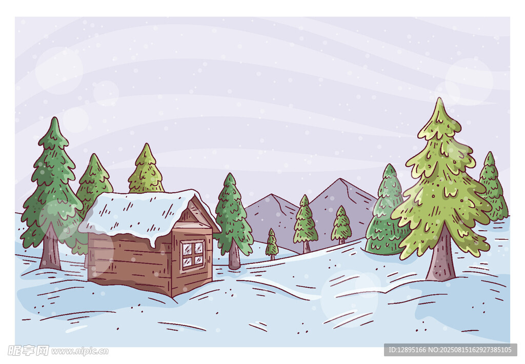 冬日雪中小木屋风景