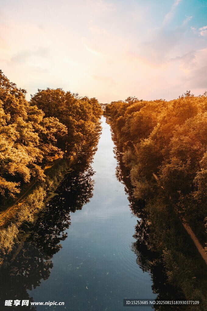 夕阳下的静谧河流与树林