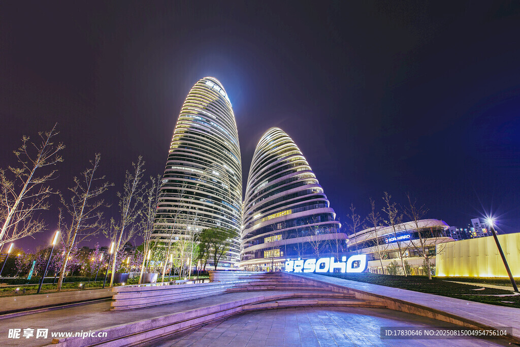夜幕下的双子塔建筑景观