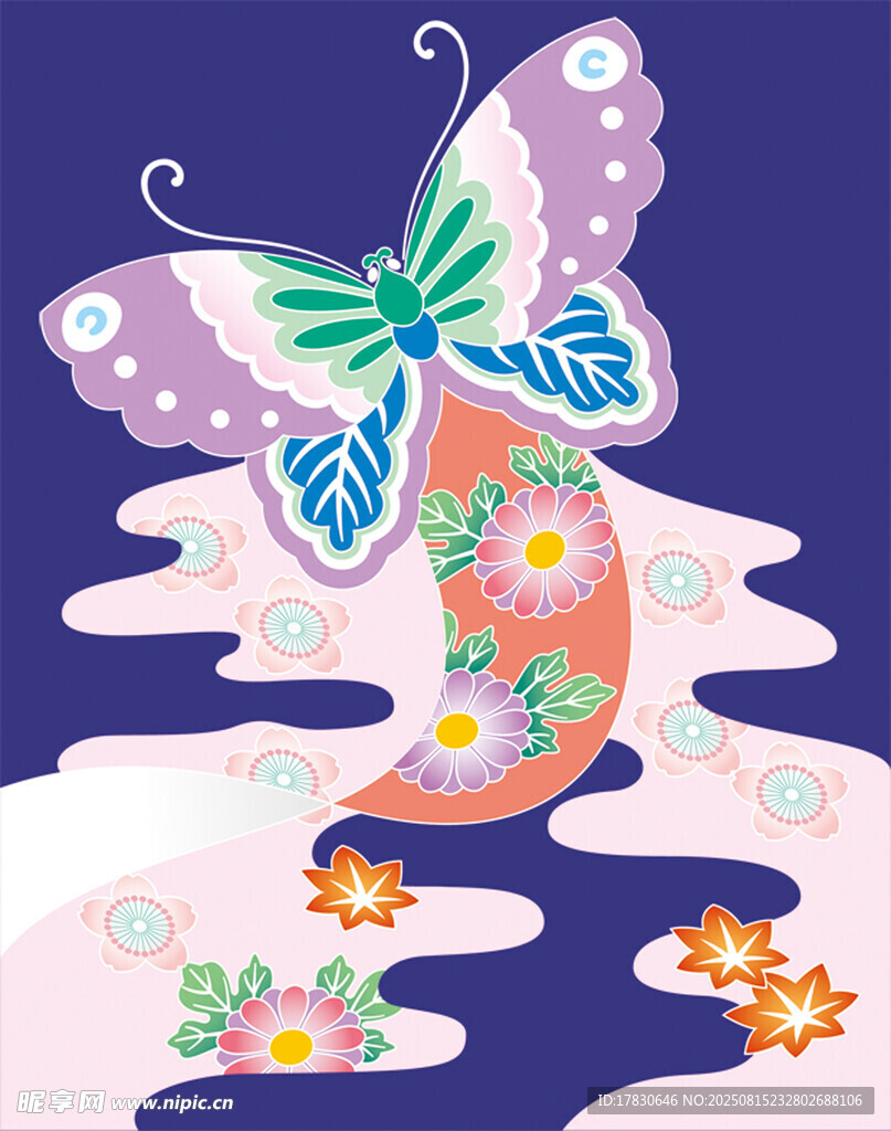 梦幻蝴蝶与月亮花卉插画