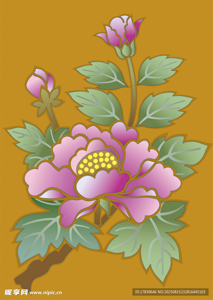 手绘盛开牡丹花枝