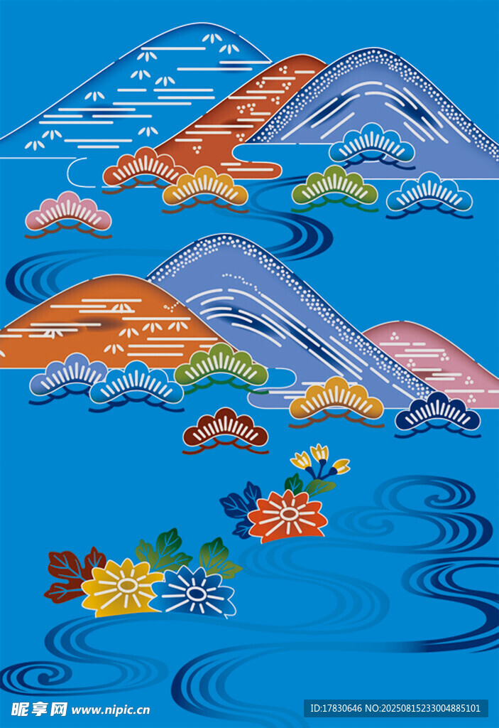 中式刺绣海浪海豚图案