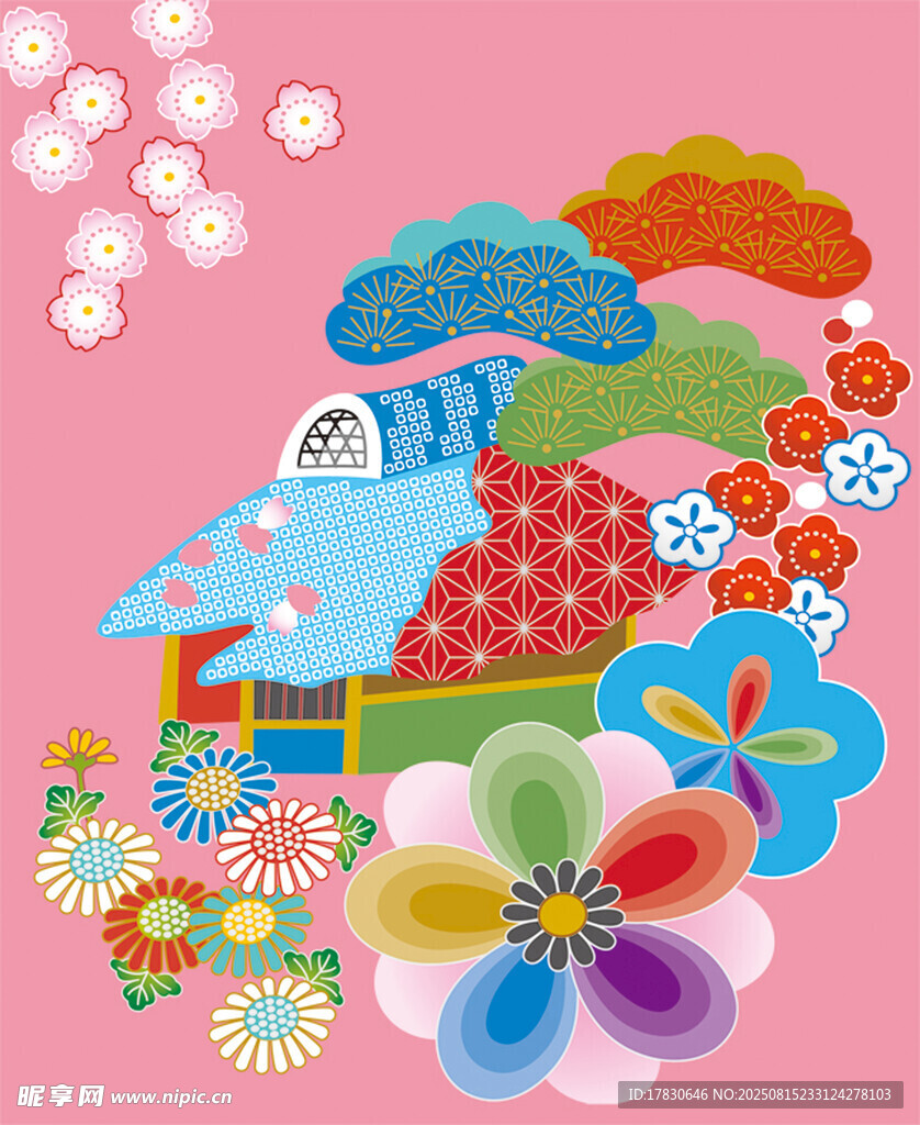 梦幻童趣花卉火车插画