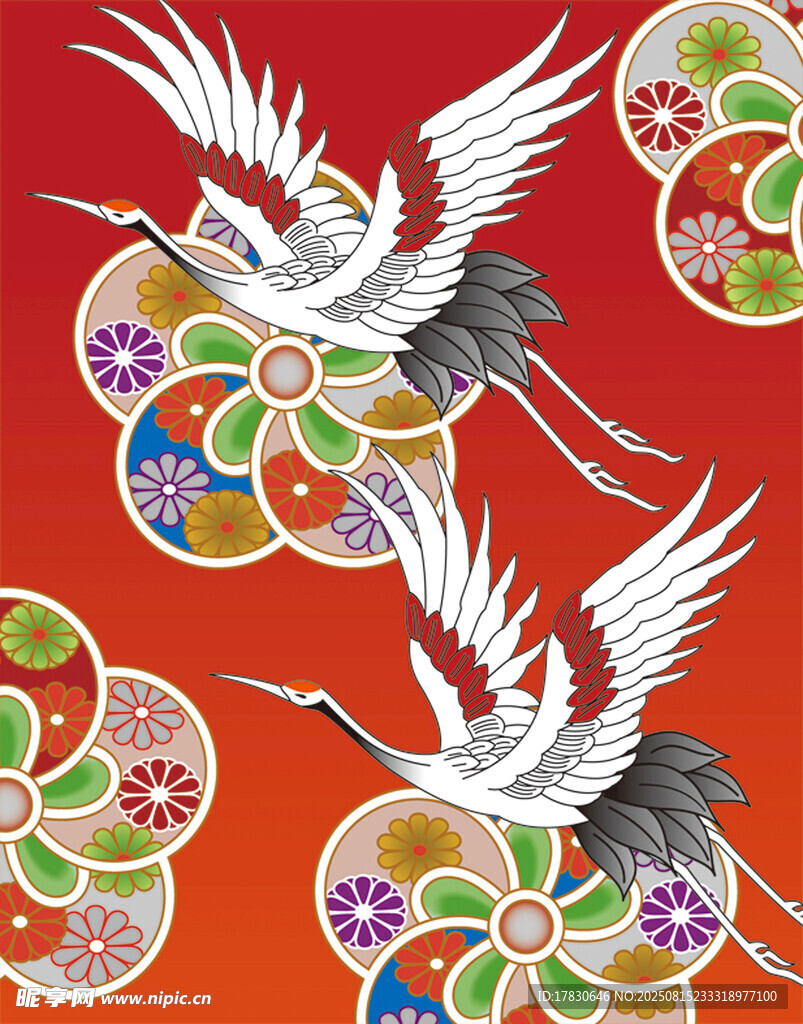 红底双鹤日式传统图案