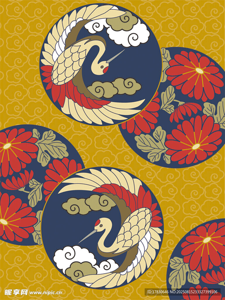 日式传统仙鹤花卉图案
