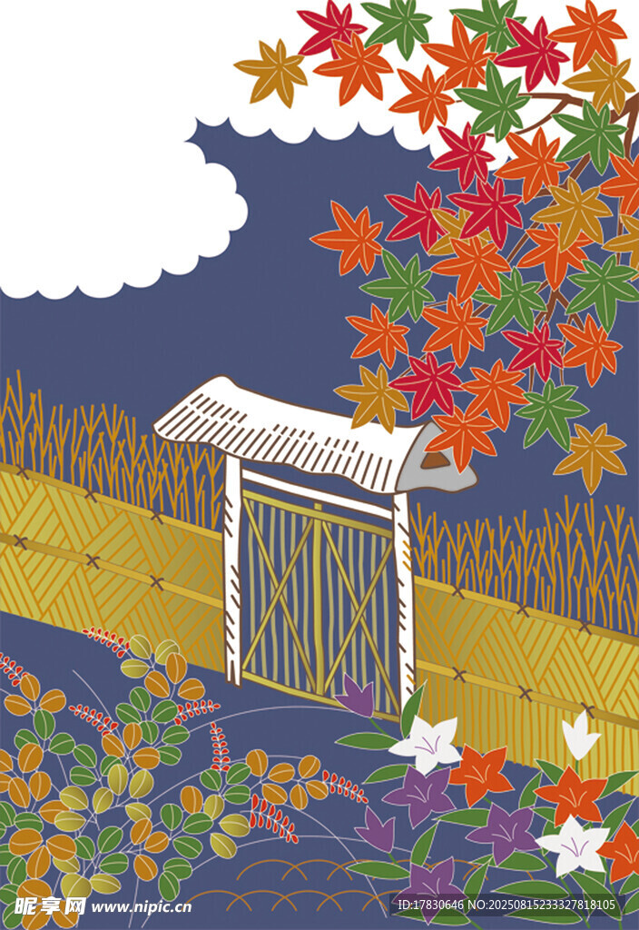 秋景中的小屋与缤纷花叶