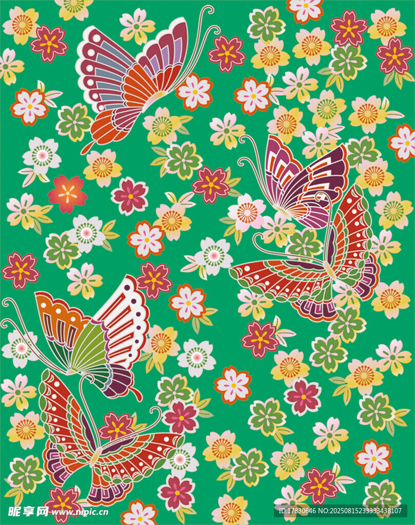 绿色花卉蝴蝶图案背景