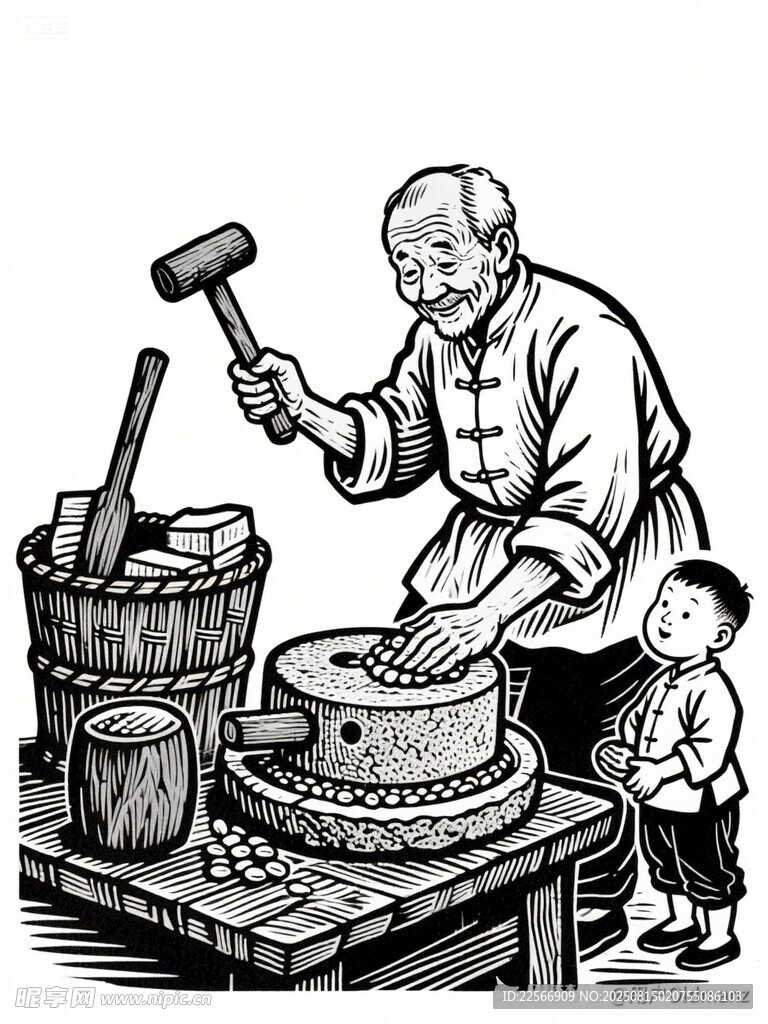 老人小孩传统手工制作场景