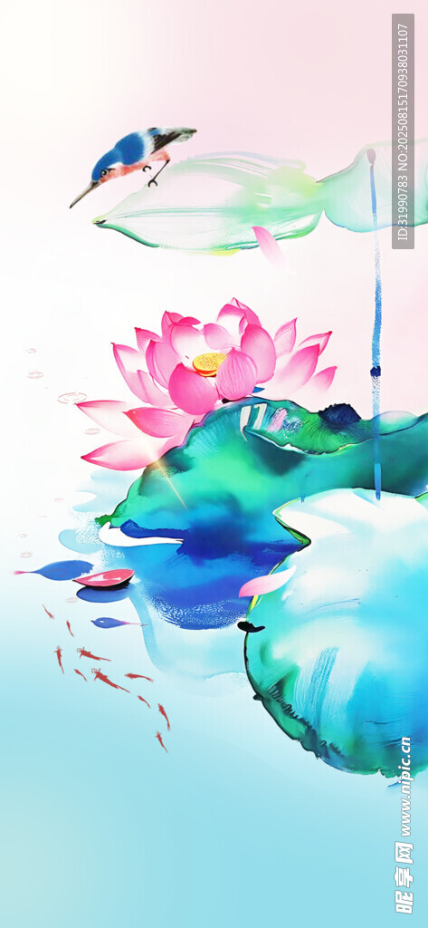 水墨风荷花飞鸟插画