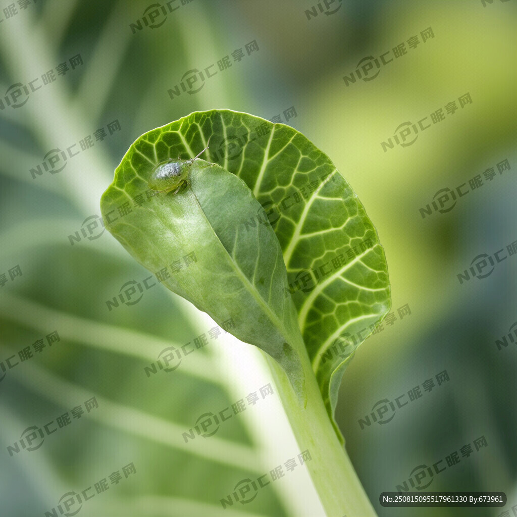 一个甘蓝的叶片上趴着一只绿色的