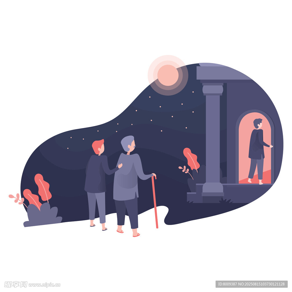 老人夜晚漫步于温馨场景