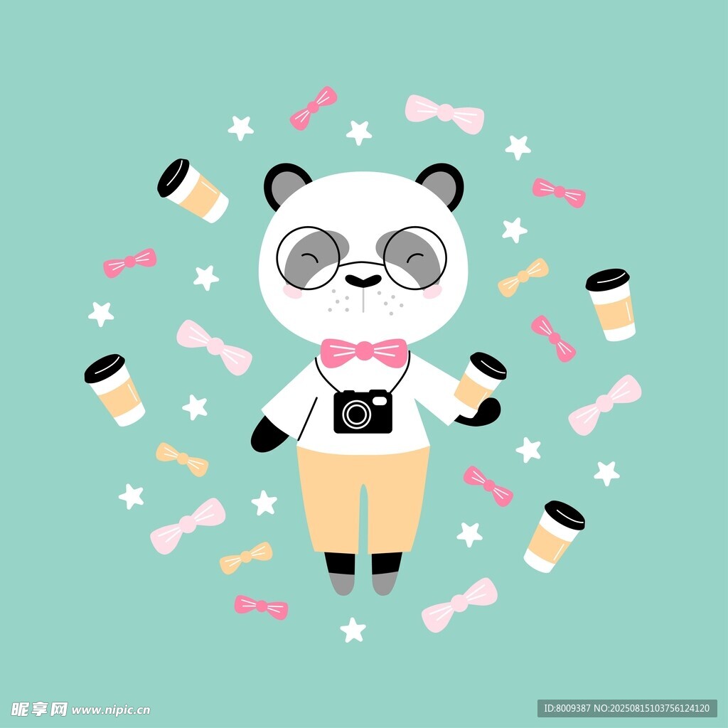 可爱熊猫摄影师形象插画