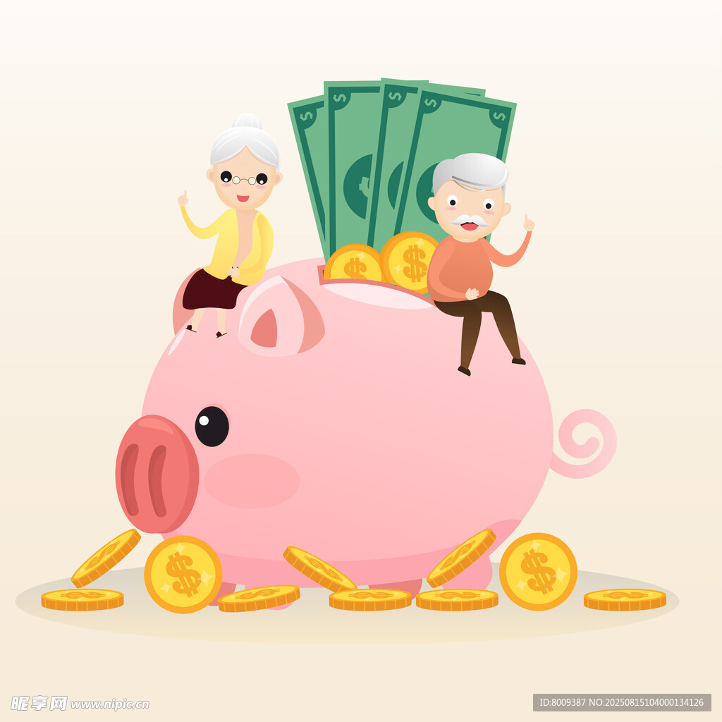 老人小孩与存钱罐和金钱