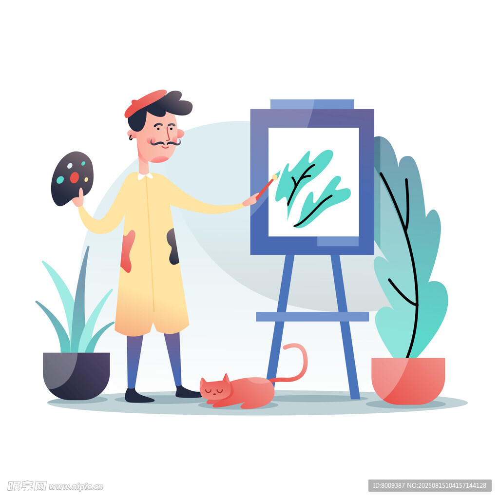 画家专注创作绿植画作