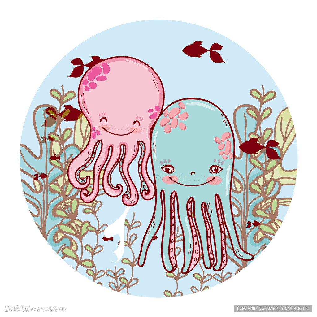 可爱双章鱼海底插画
