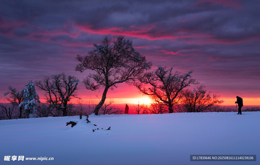 雪地夕阳下的孤独身影