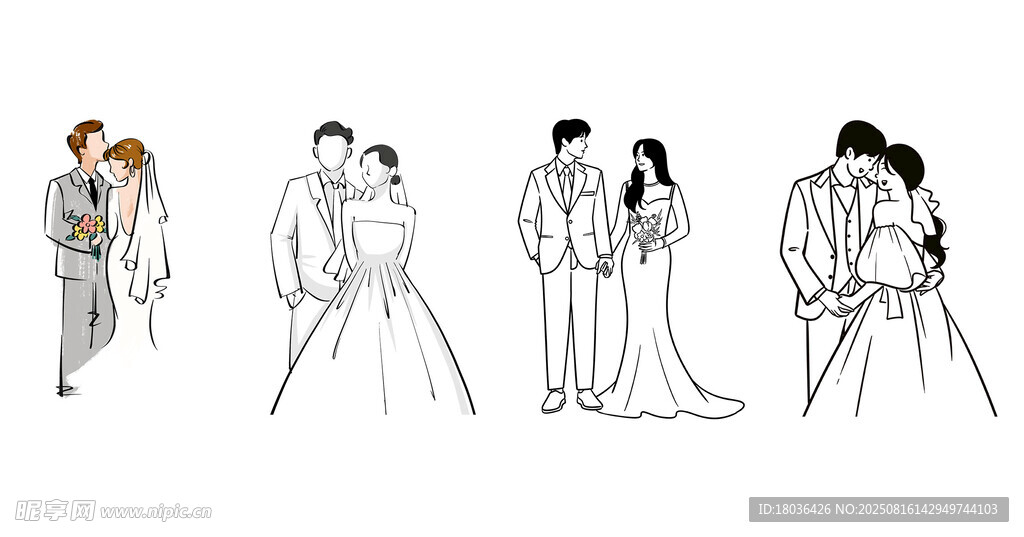 情侣婚纱姿势新郎新娘手绘png