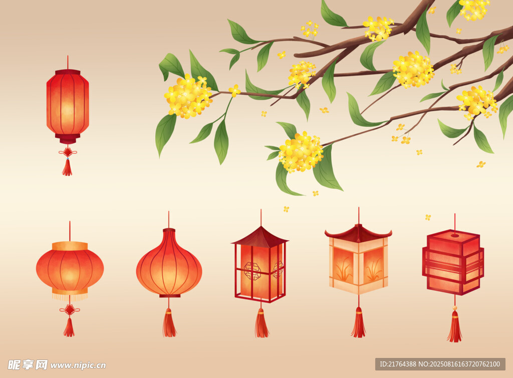 中式灯笼与花枝装饰图
