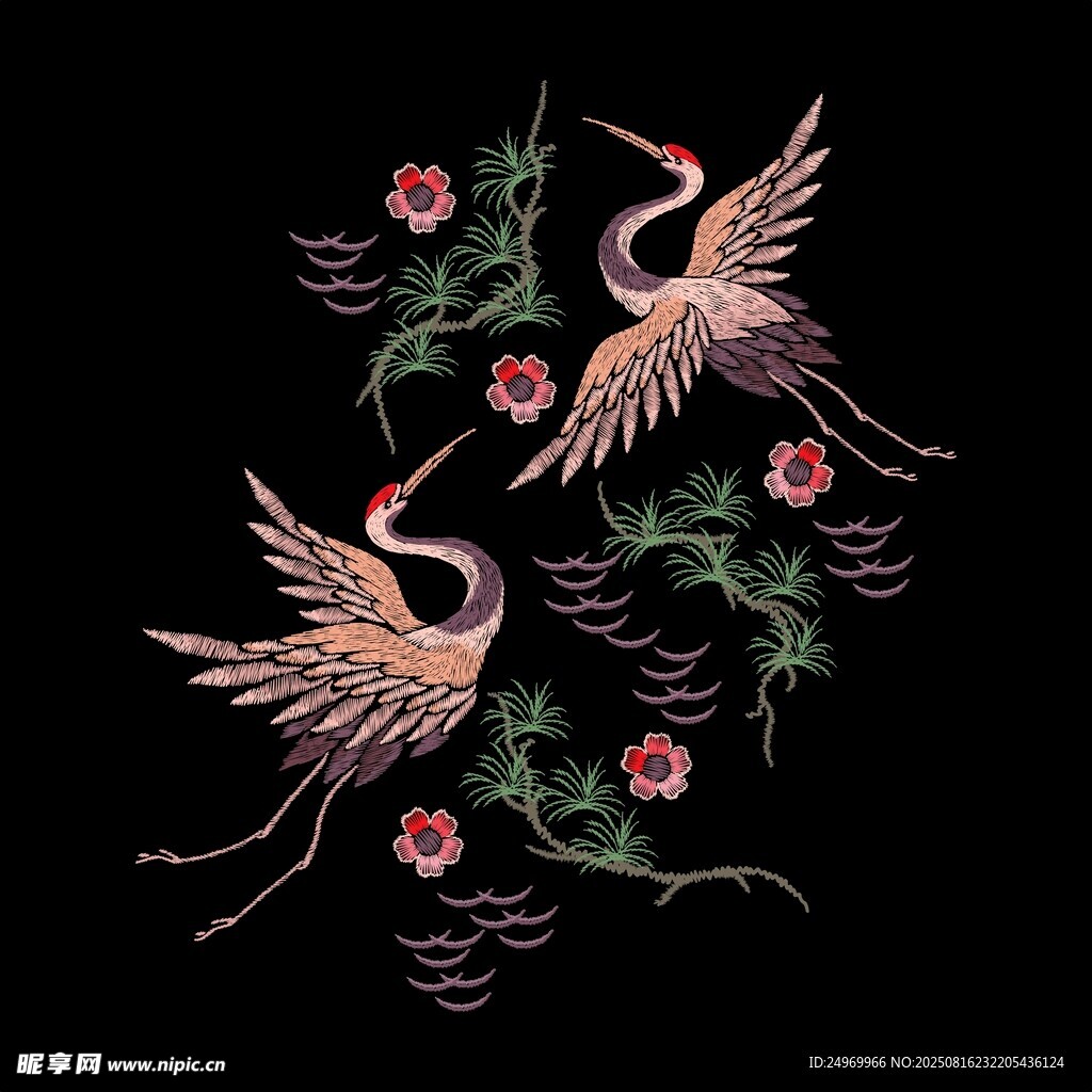 双鹤花卉刺绣图案