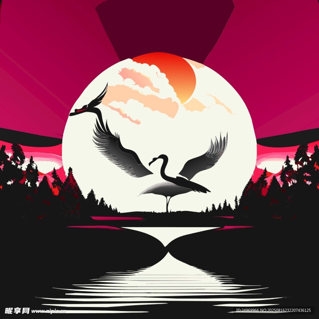 夕阳下双鹤于湖面的美景