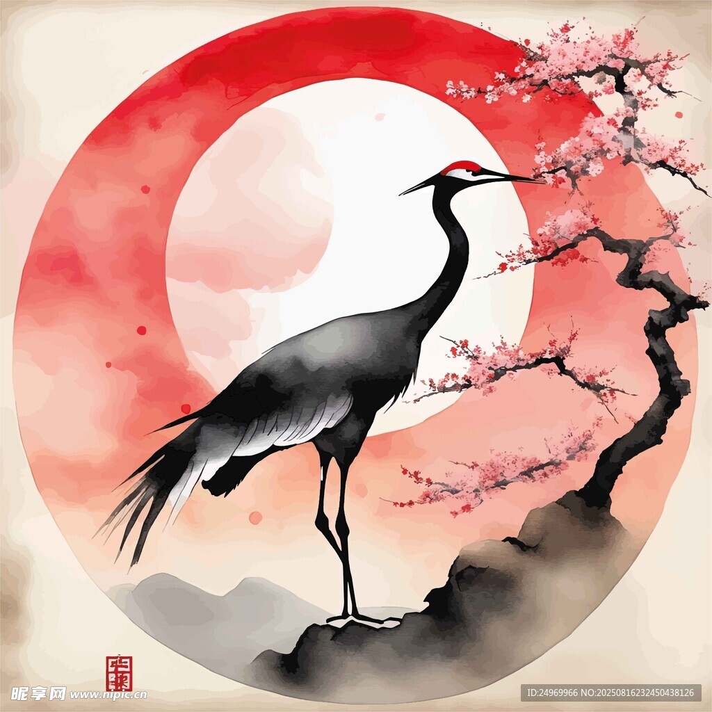 丹顶鹤立于山水樱花间