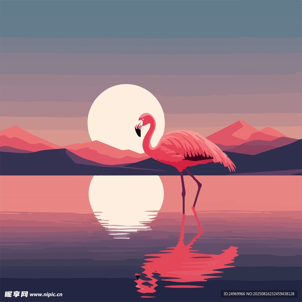 夕阳下的火烈鸟与湖景