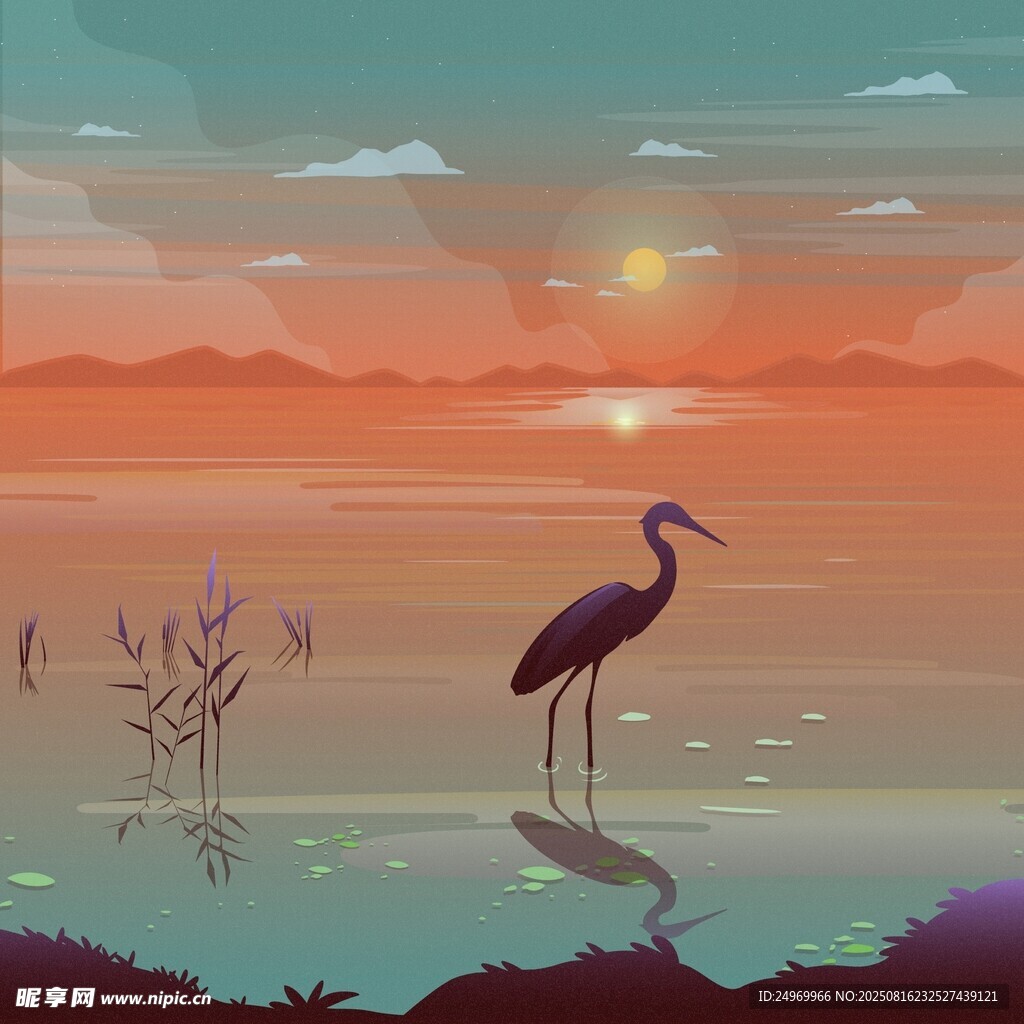 夕阳下的湖畔孤鹭