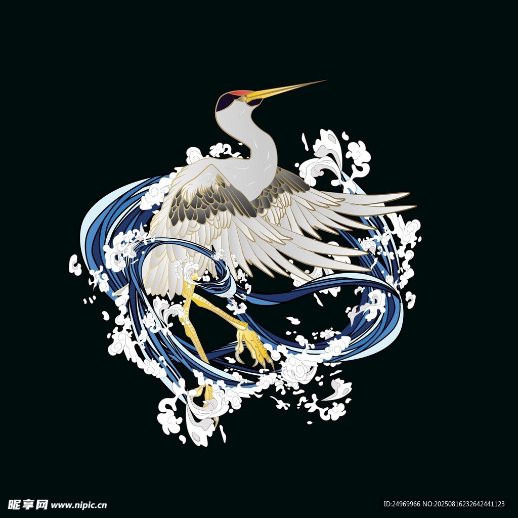 白鹤于水浪间优雅飞舞