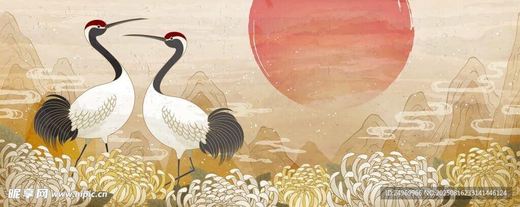 双鹤迎日图