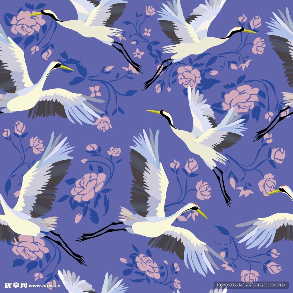蓝底仙鹤樱花图案设计