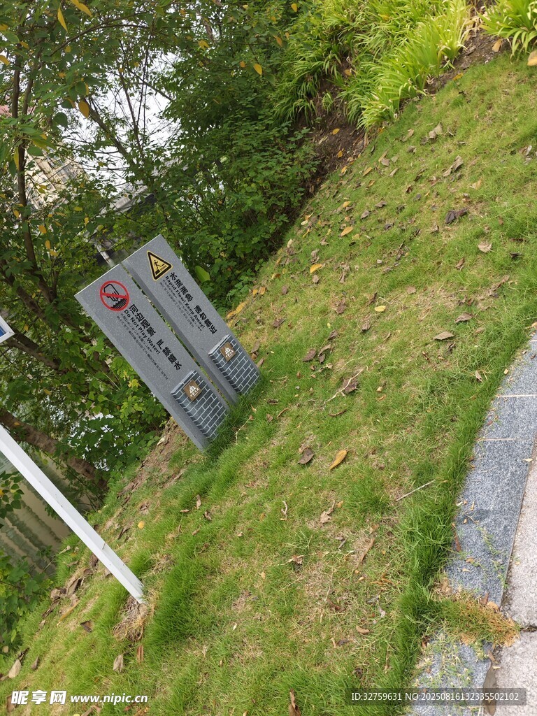 路边指示牌立于葱郁草地