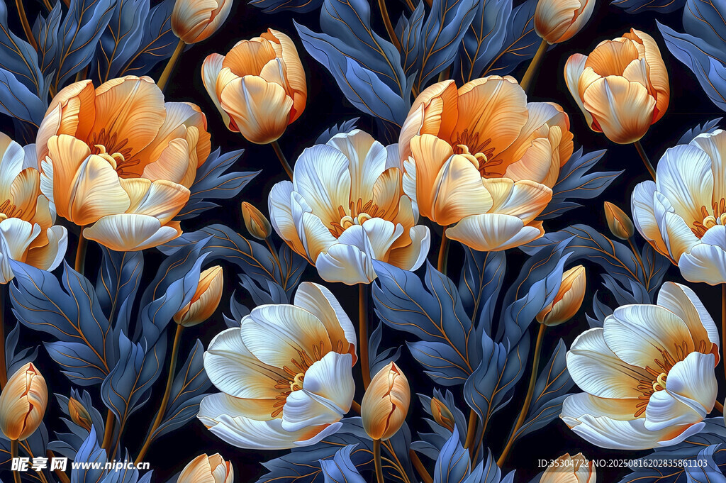 蓝底橙白花朵 图案 3D 家纺