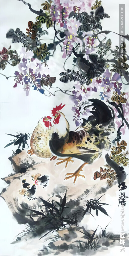 紫藤雄鸡图