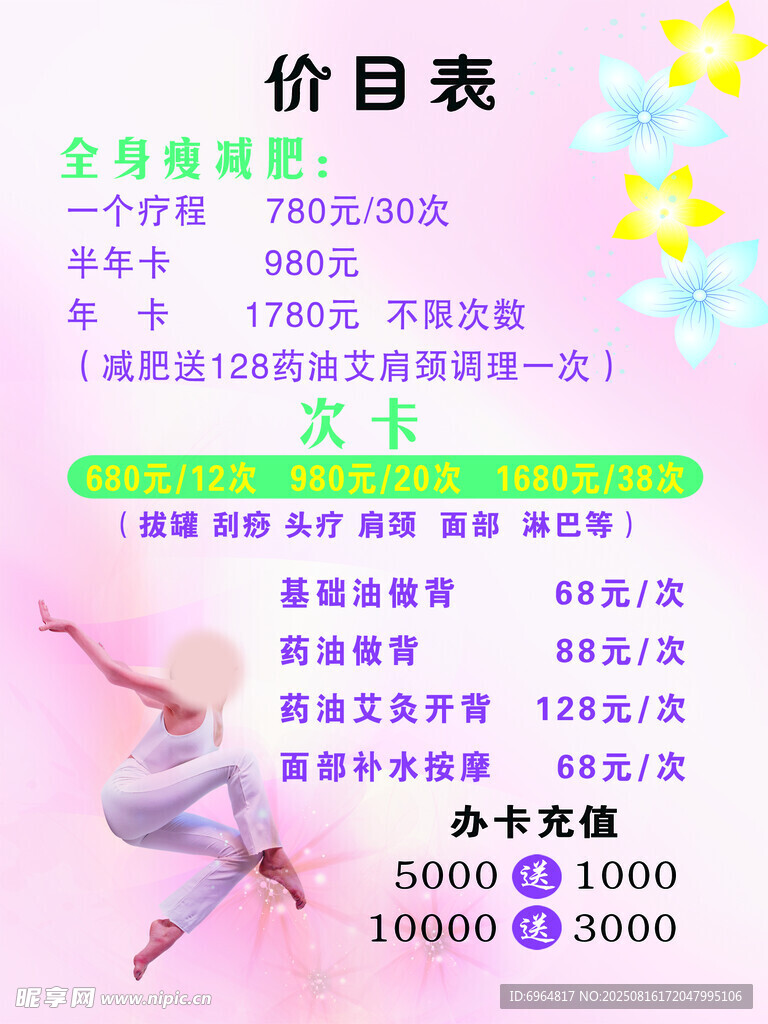 减肥培训价目表展示