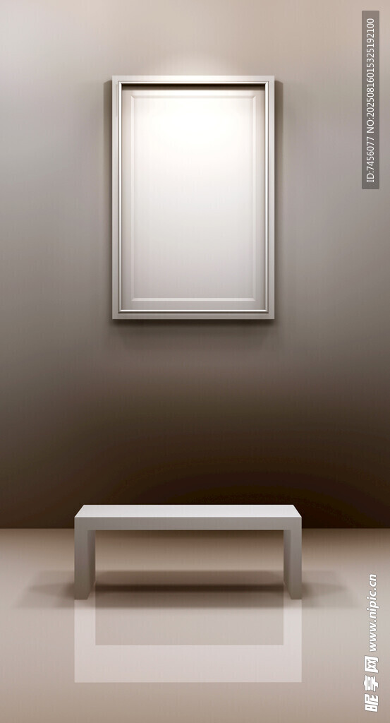 简约室内空白画框与长椅