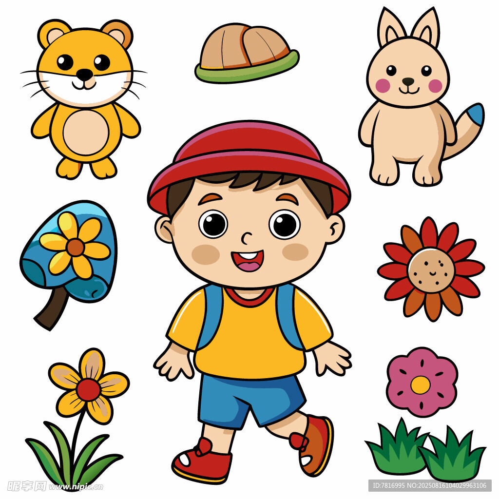 小男孩与可爱动物花卉图案