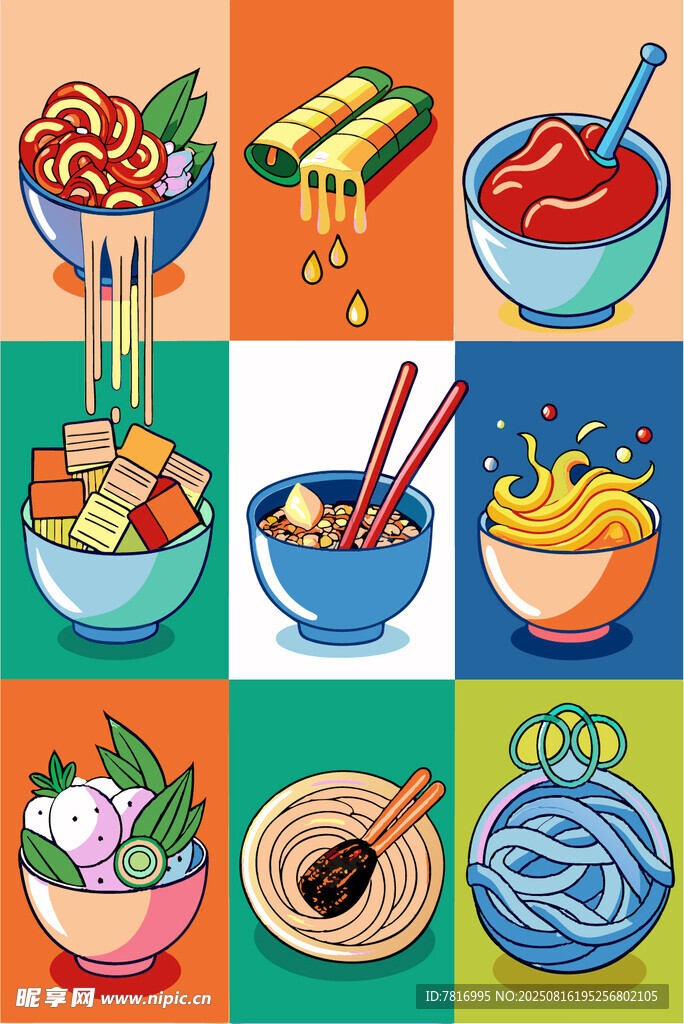 多彩面食美食插画展示