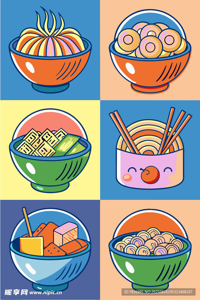 多彩卡通风格美味面食集合