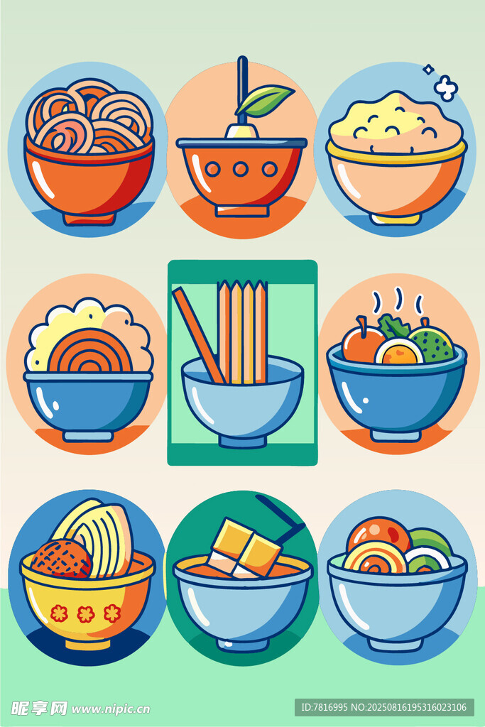 多彩中式美食碗碟插画
