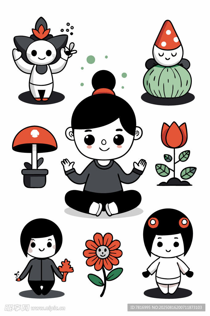卡通人物与花卉蘑菇图案