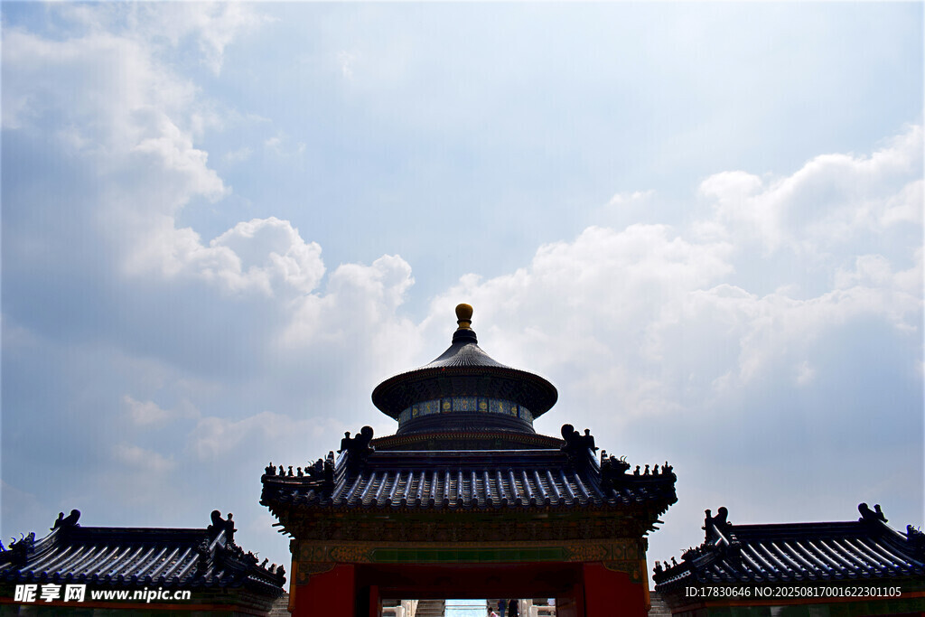 中式古建筑屋顶与蓝天白云