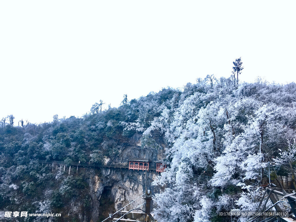 雪覆山林间的古朴建筑