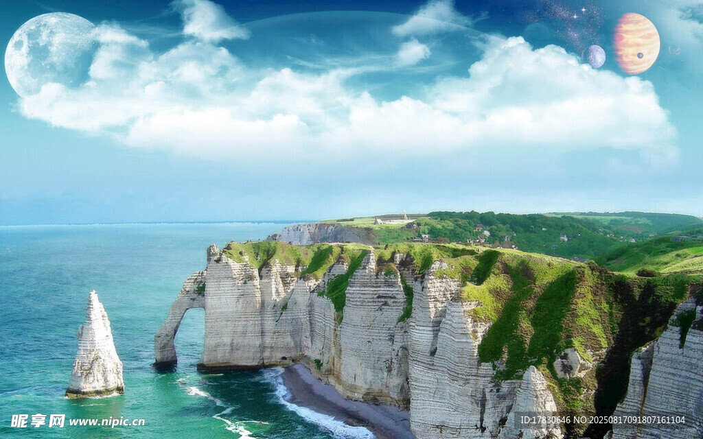 海岸悬崖边的帆船美景