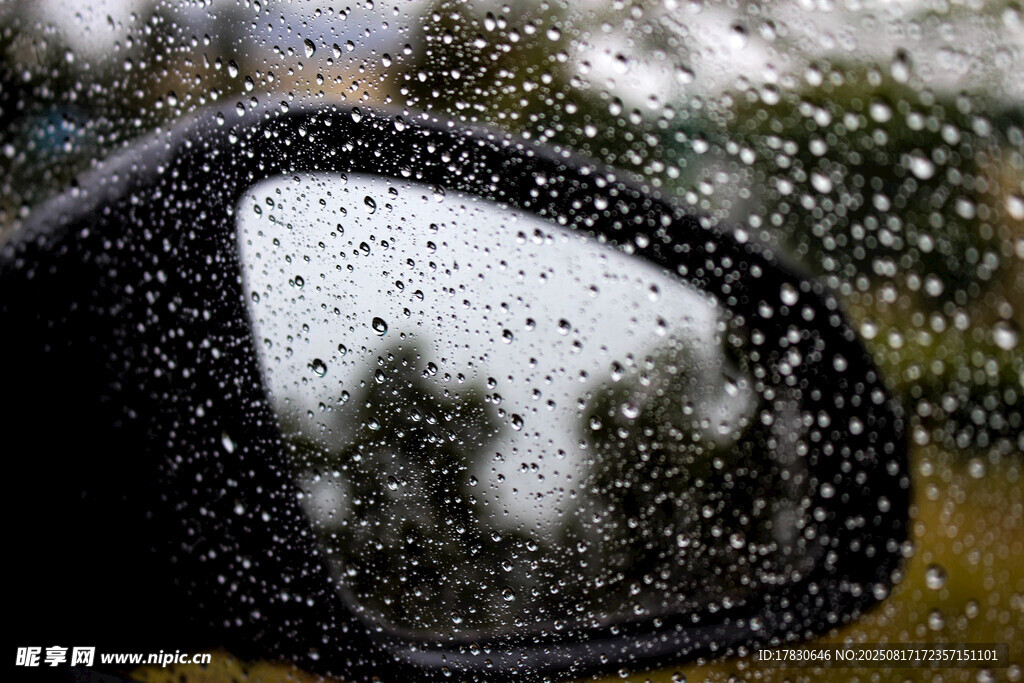 雨中后视镜里的模糊景致