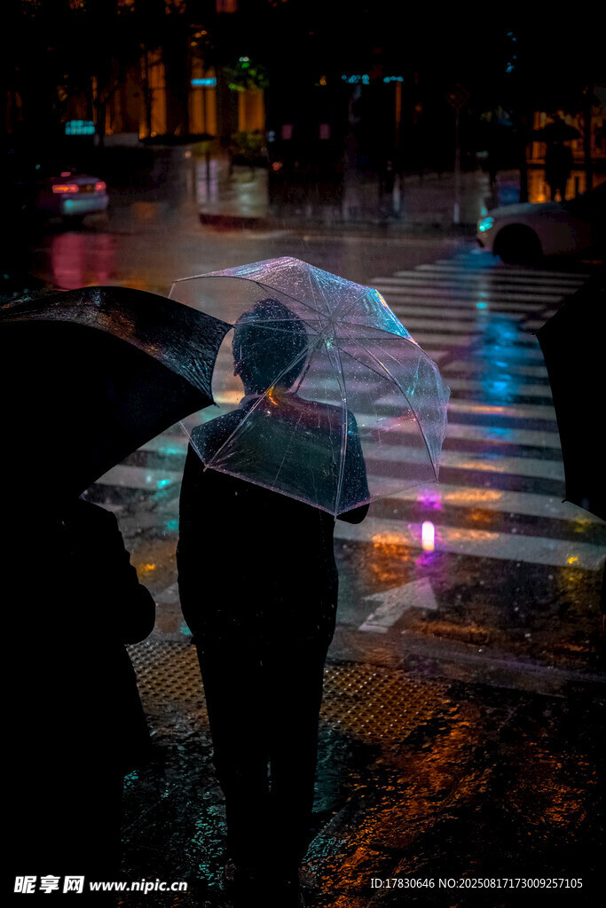 雨夜撑伞过马路的行人