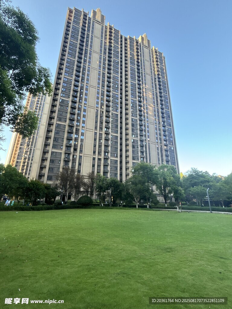 高楼前的大片翠绿草坪